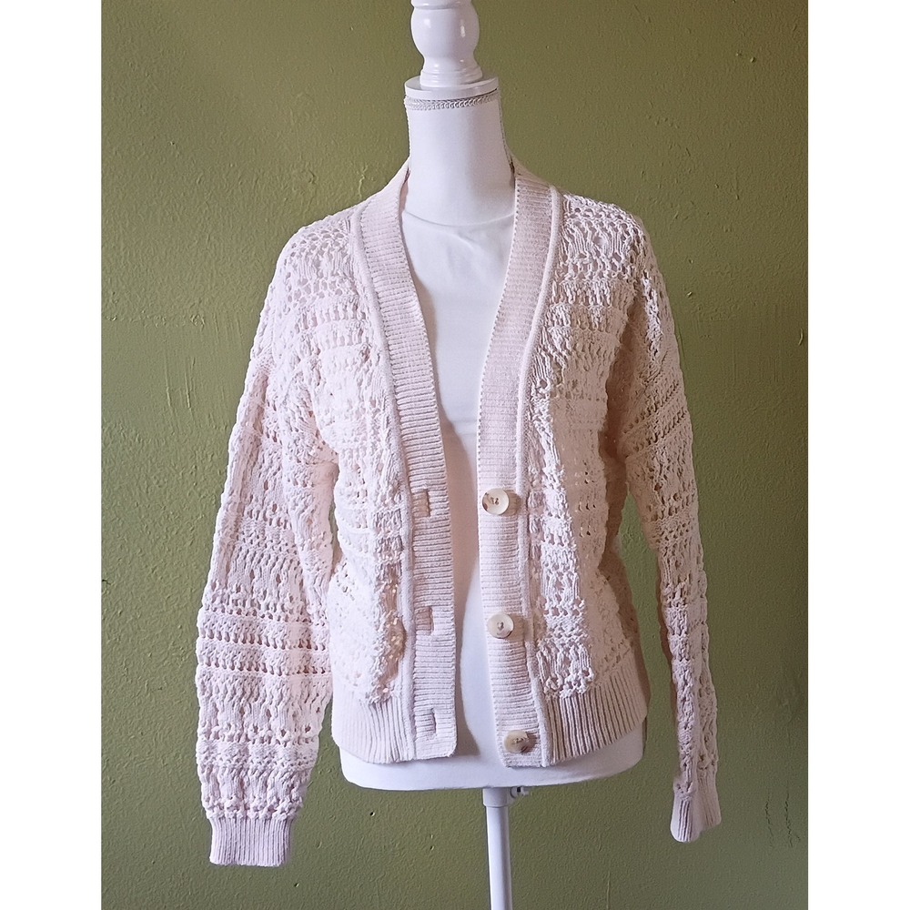 Cottagecore Boho Cream Cotton Crochet Coastal Grandmother Cardigan Women L Large